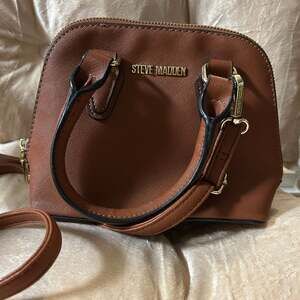 Steve Madden Women's Brown Gold-Tone Dome Satchel Handbag Crossbody Purse